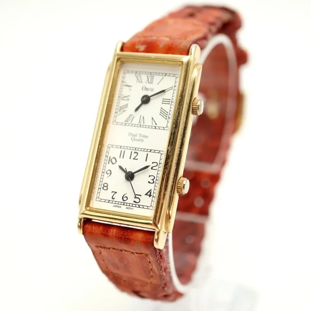 Vintage Orvis Dual Time Gold Tone 22mm Watch Brown Braid Leather w New Battery